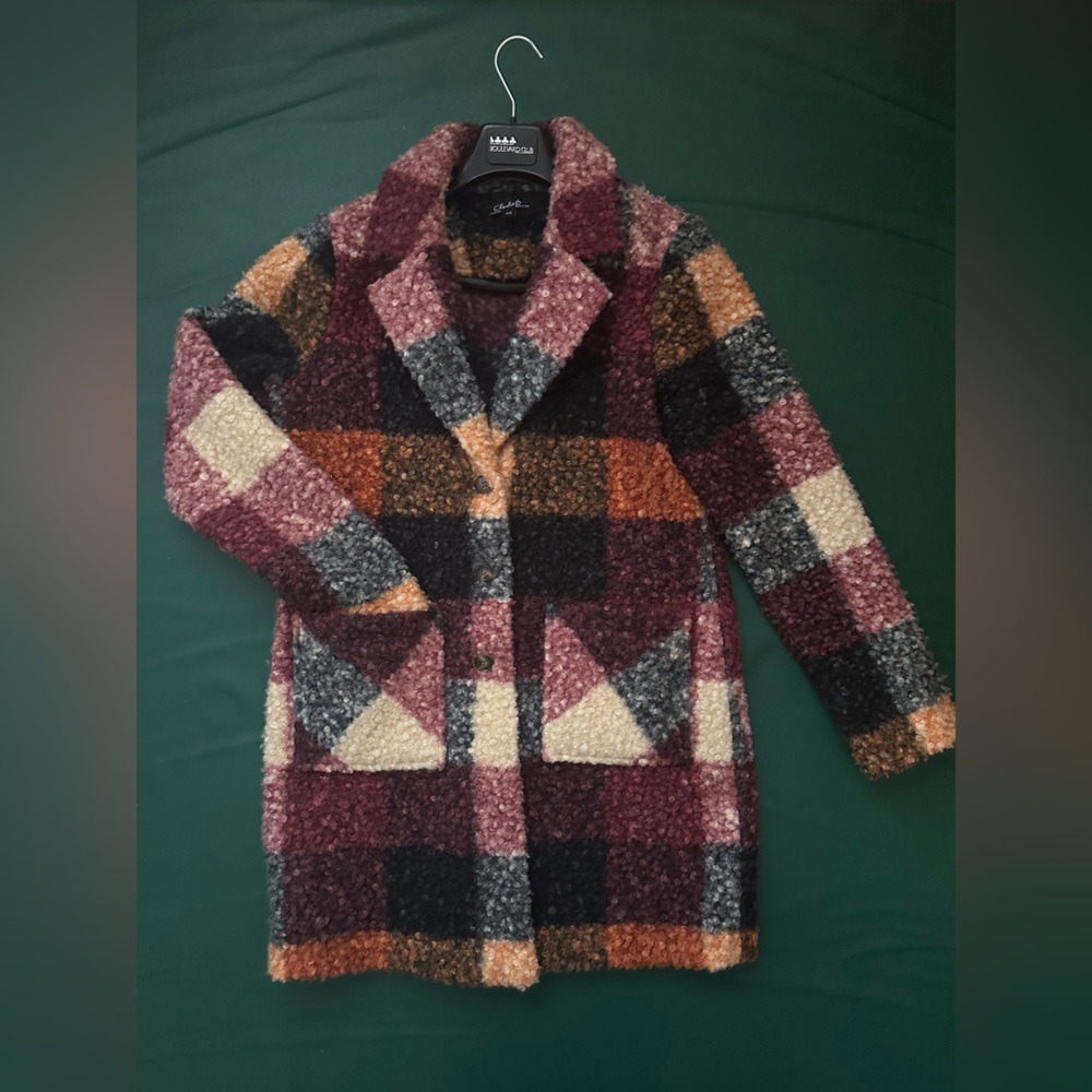 NWOT Plaid Bouclé Teddy Peacoat - Fuschia